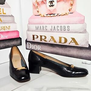 Salvatore Ferragamo Croc Embossed Leather Pump With Gold Tone Gancini Hardware
